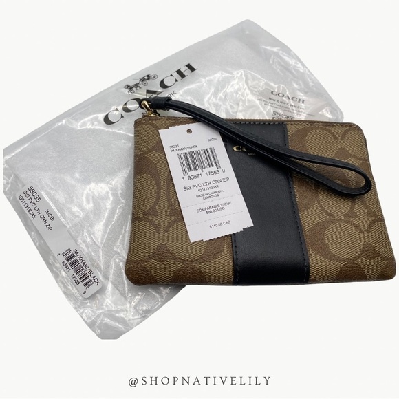 Coach Corner Zip Logo Wristlet In Signature Canvas With Stripe | Khaki/Black - Picture 2 of 11